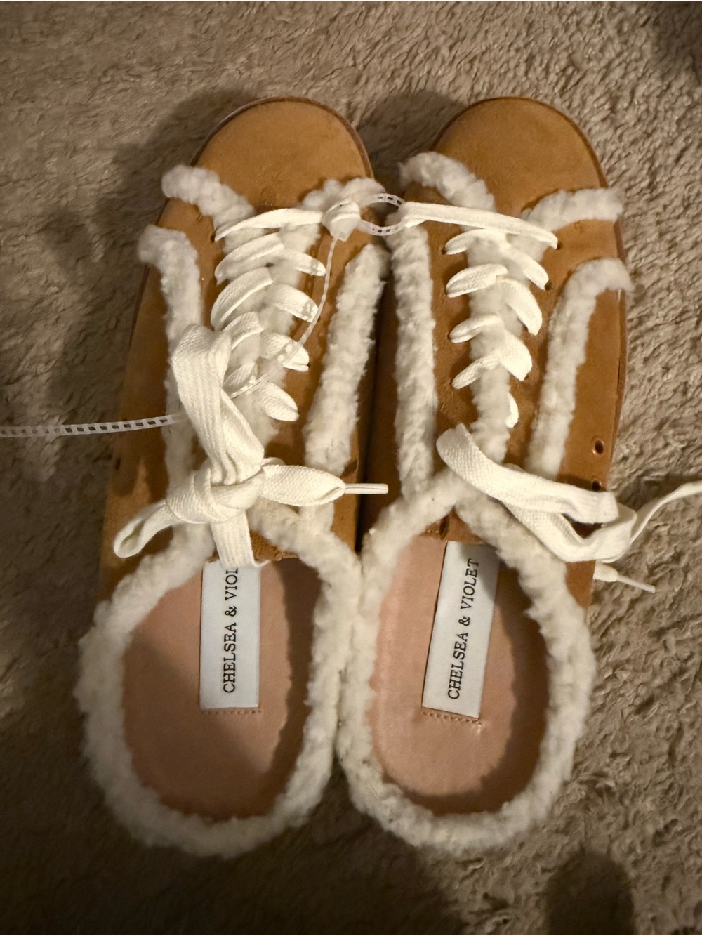 Chelsea & Violet Tan Suede Sherpa-Trim Lace-Up Slippers
